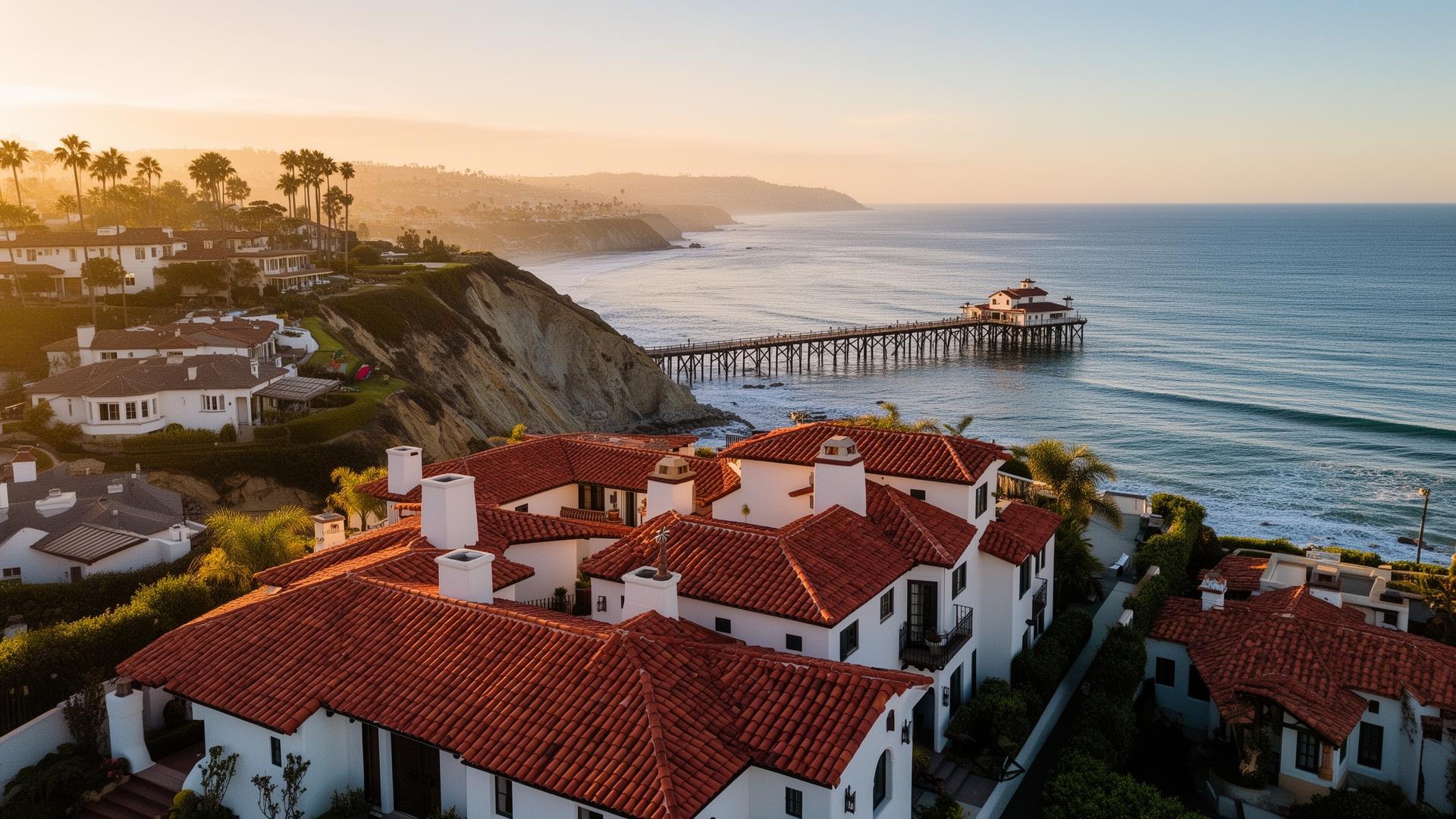 Aerial view of San Clemente Spanish-style homes overlooking the Pacific
